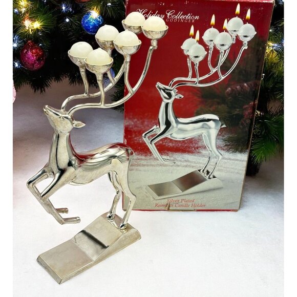 Godinger Reindeer Candle Holder Silver Plated Candelabra Christmas Decor - Picture 1 of 10